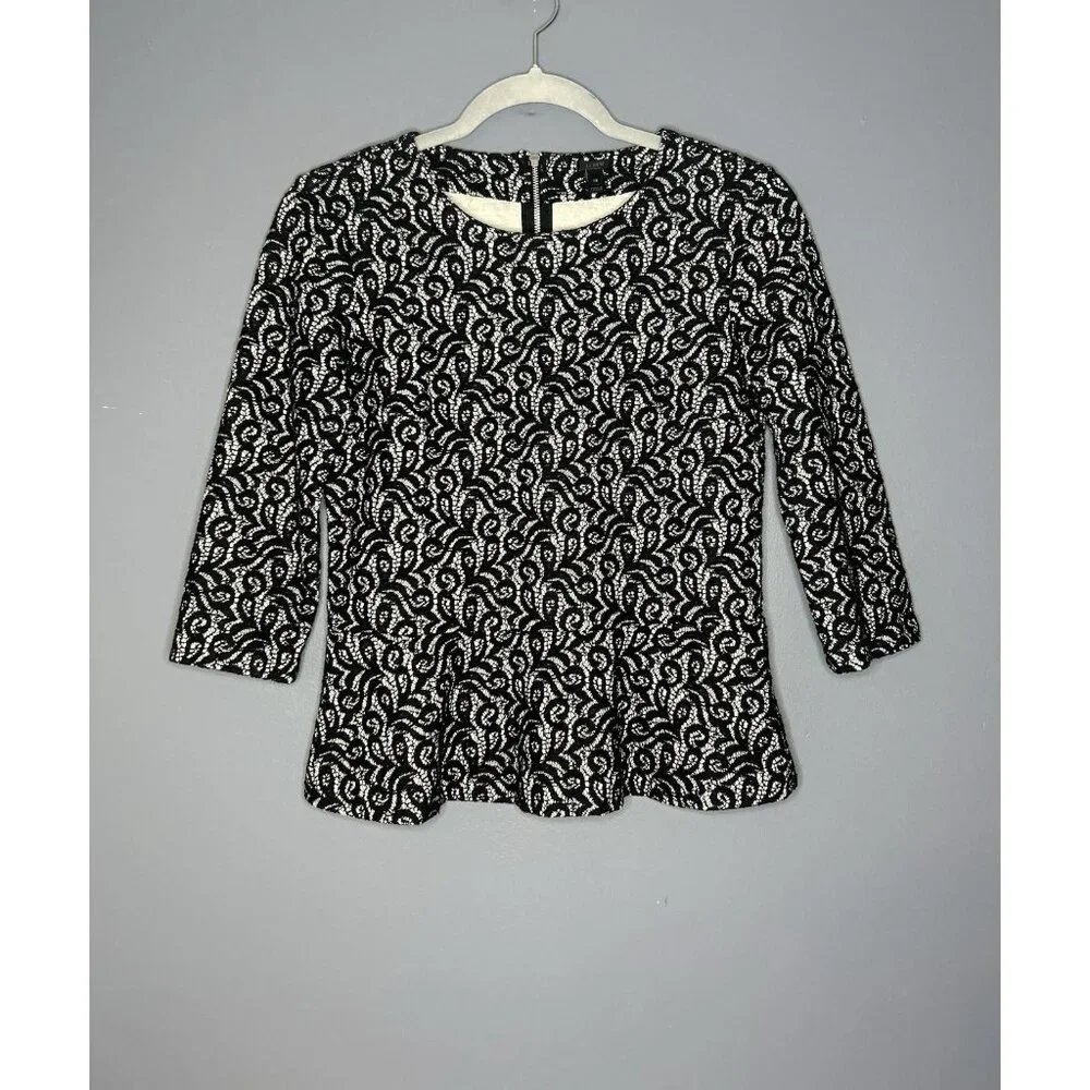 J Crew Lace Overlay Peplum Top Womens XS Black 3/4 Sleeve Dressy Formal Corpcore